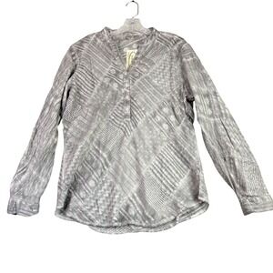 Vintage Goa Women L Grey Patchwork Blouse Long Roll Tab Sleeve Boho Artsy Top